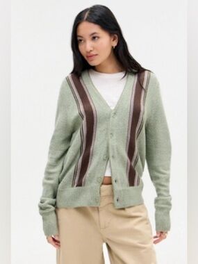 BDG Sage Green Button-Up Cardigan with Brown and Cream Stripes